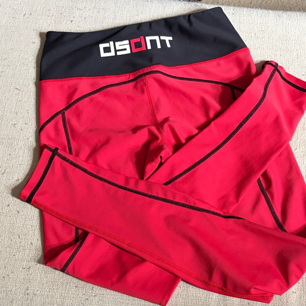 Womens Red Leggings with Black Waistband - Logo